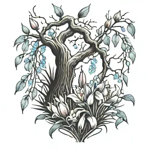 Weeping Willow Branches With Tulips And Forget Me Knots