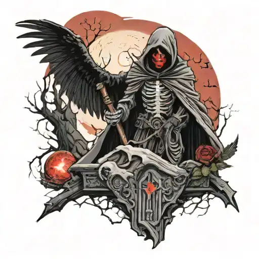 Dark Grim Reaper In Graveyard With Crows In Background And A Red Blood Moon