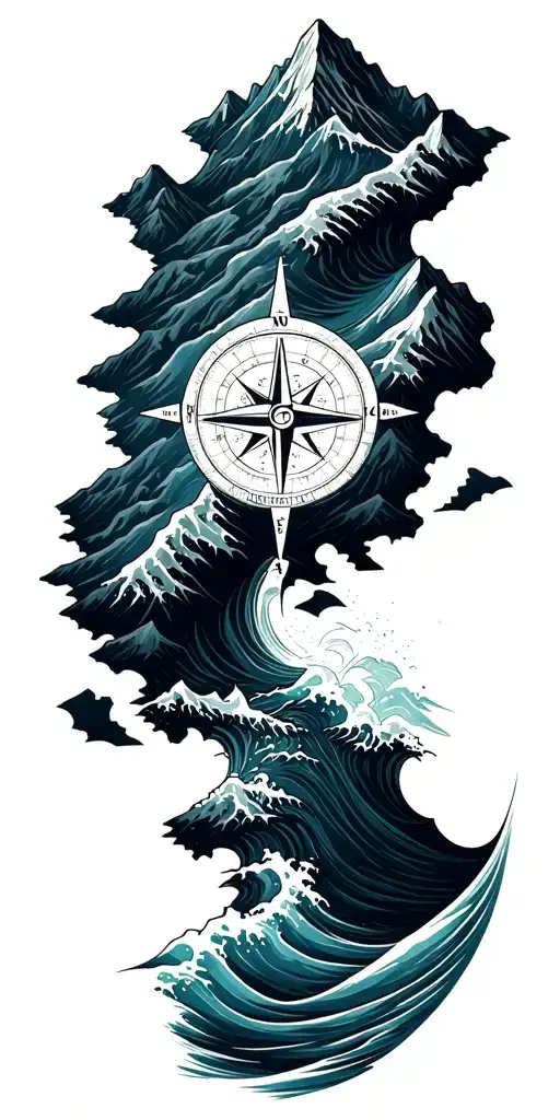 Map Outline With Compass Mountains And Waves