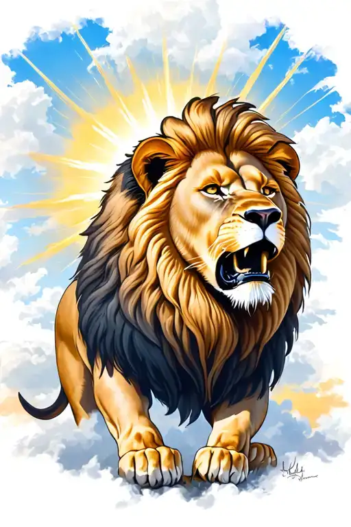 Lion That Roars In The Sun's Rays With Clouds Shade