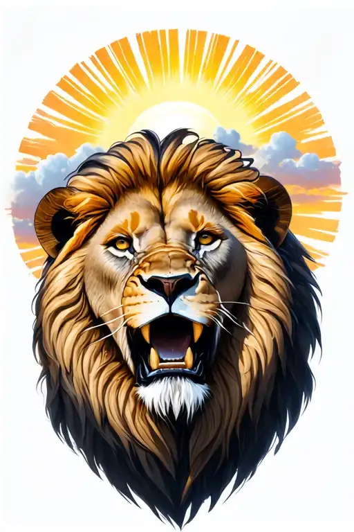 Lion Head That Roars In The Sun's Rays With Clouds Shade