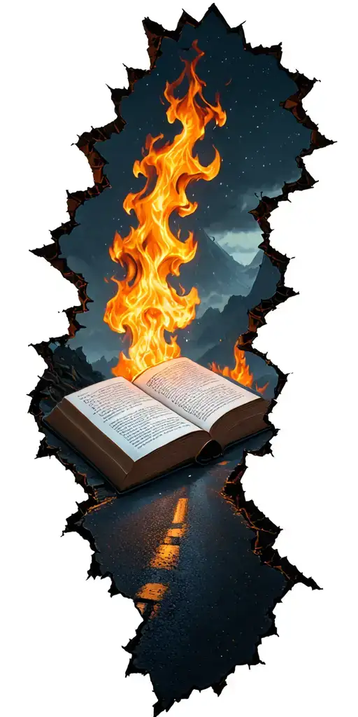 Broken Road Leading To Book On Fire