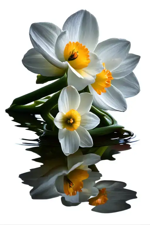 Narcissus Myth Including The Flower And Mirrored Reflection