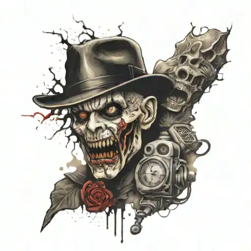 Half Sleeve Tattoo With Small Objects From Famous Horror Movies