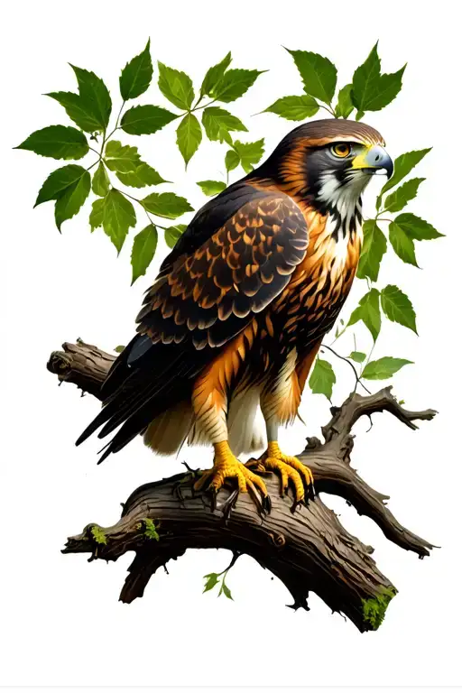 Falcon On Oak Tree Branch With Leafs Spreading