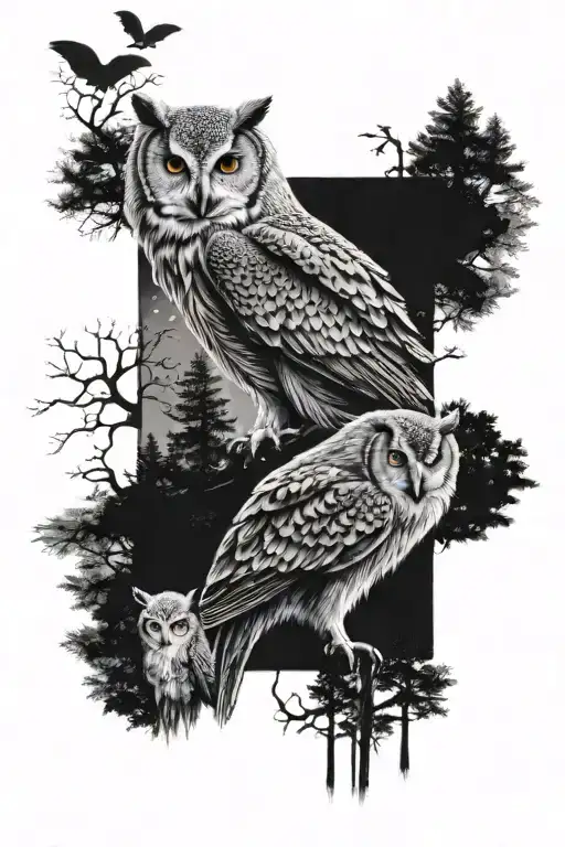 Owl And Wolf At Night In The Forest And Two Bible Verses