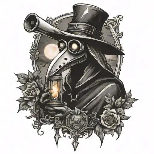 Plague Doctor With A Flashlight In A Cemetery