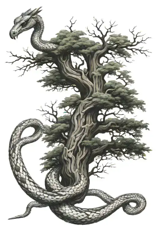 Snake Wrapped Around Tree With Phoenix Flying