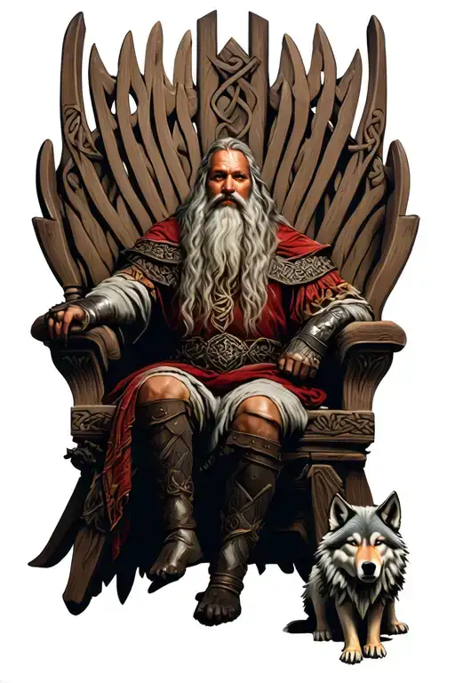 Viking Sitting On Celtic Throne With Small Wolf At Its Side