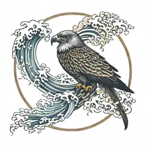 Circular Wei Wu Wei Caligraphy With Falcon And Japanese Ocean Waves
