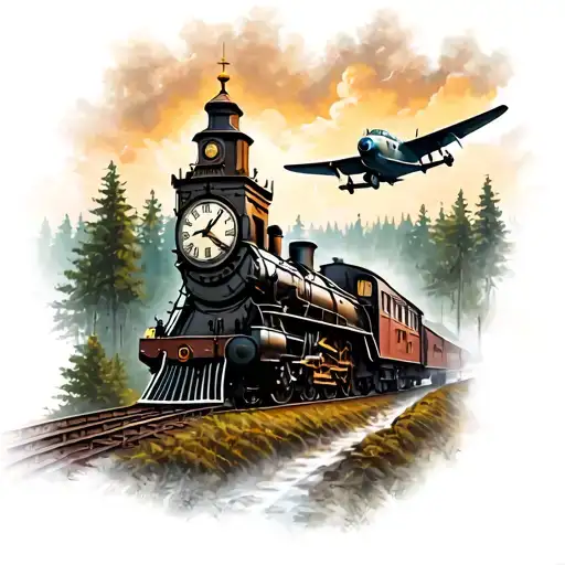 Clock Tower With An Old Train Running And An Old Plane Taking Off In A Forest