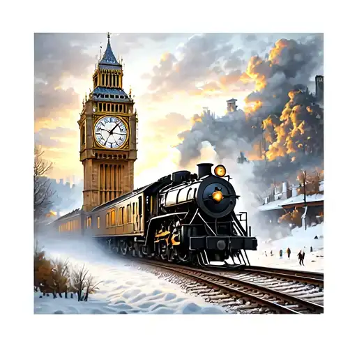 Clock Tower With An Old Train Running Below