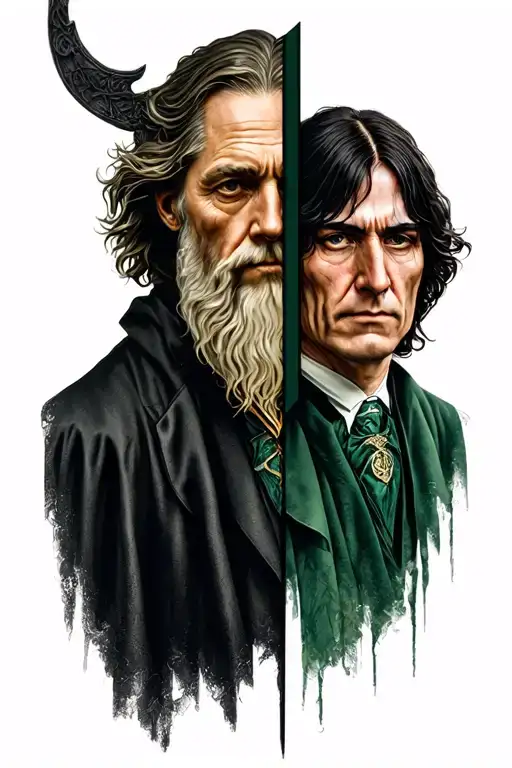 Professor Dumbledore And Professor Snape Cut Down The Middle Together With Half Body Side By Side