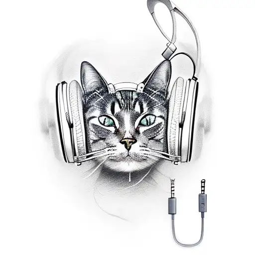 A Realistic Tattoo Of A Cat Wearing Headphones And Listening To Music
