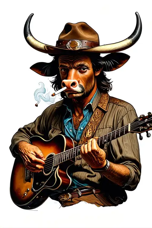 Western Bull Playing Guitar While Smoking A Cigarette