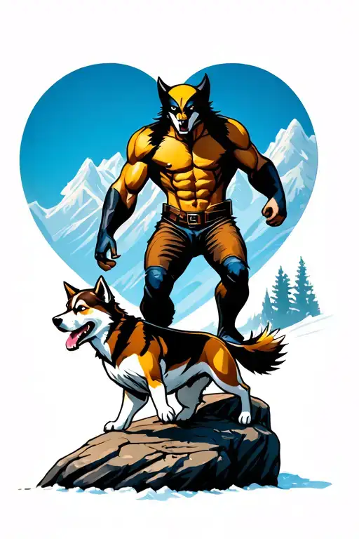 Wolverine Standing On A Heart Shaped Boulder In The Forefront And A Brown Husky Running Up The