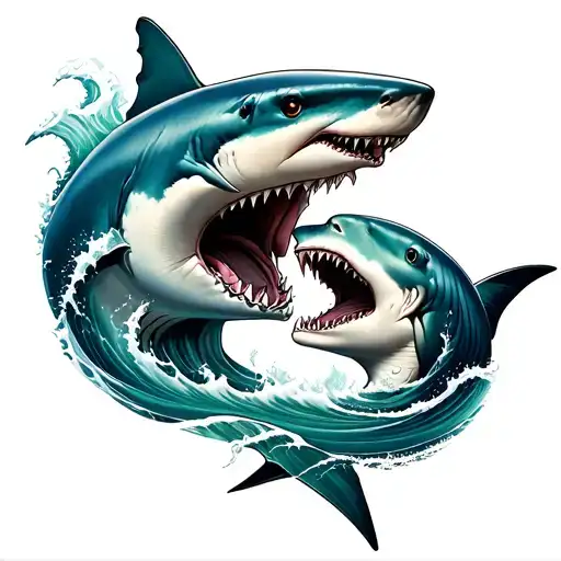 Shark And Waves Couple Tattoo Design
