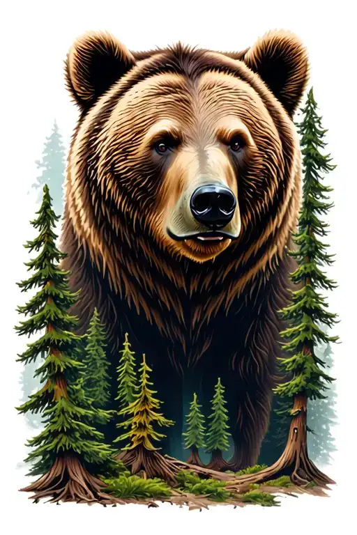 Grizzly Bear Head Surrounded By Trees