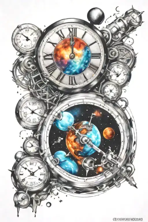A Tattoo Design Emphasizing Time With Heavy Inspiration From Space And Galaxies With Vibrant Color