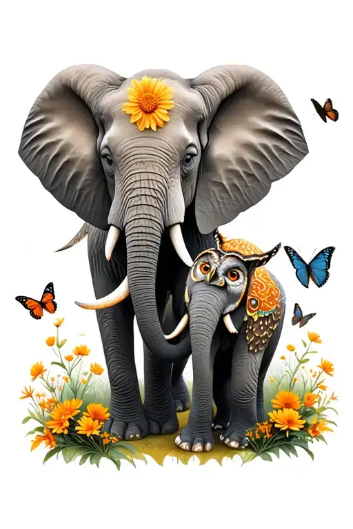 Mom And Baby Elephant Surrounded By Saffron Flowers And Butterflies With A Small Owl