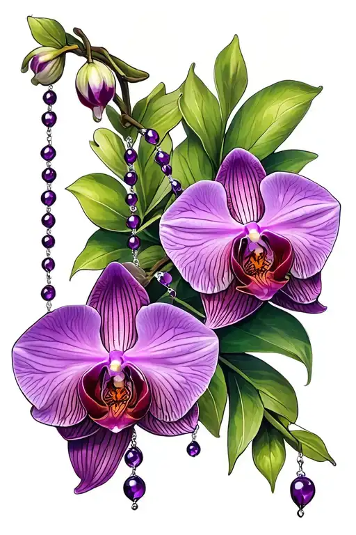 Orchid Arm Sleeve Tattoo With A Rosary Incorporated