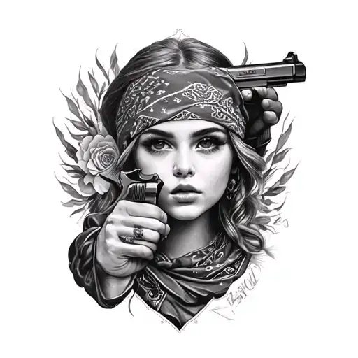 Ragazza Bandana Pistola In Drawing
