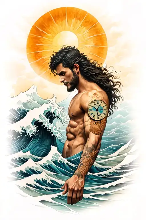 Posiedon With A Wave Or Clock Underneath And Sunwukong On The Bicep