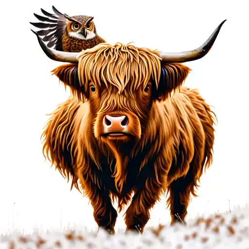Highland Cow With Owl Flying