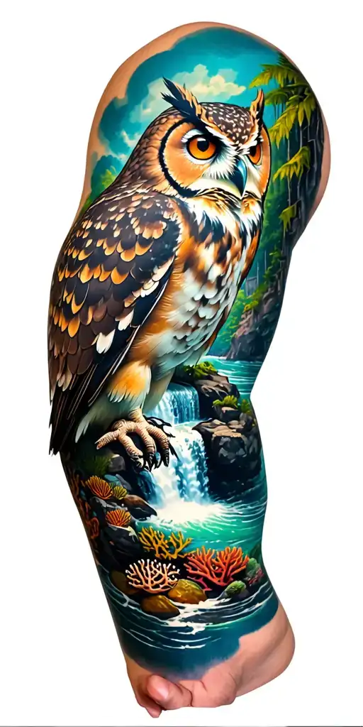 Owl Into A Forest Into A Waterfall Into The Ocean With Coral Reef Full Arm Sleeve
