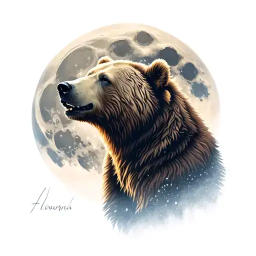 Grizzly Bear Head Profile With Full Moon Surrounded