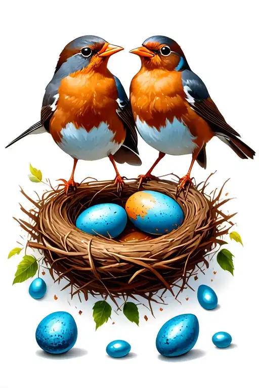 Two Robins In Nest With Two Blue Eggs