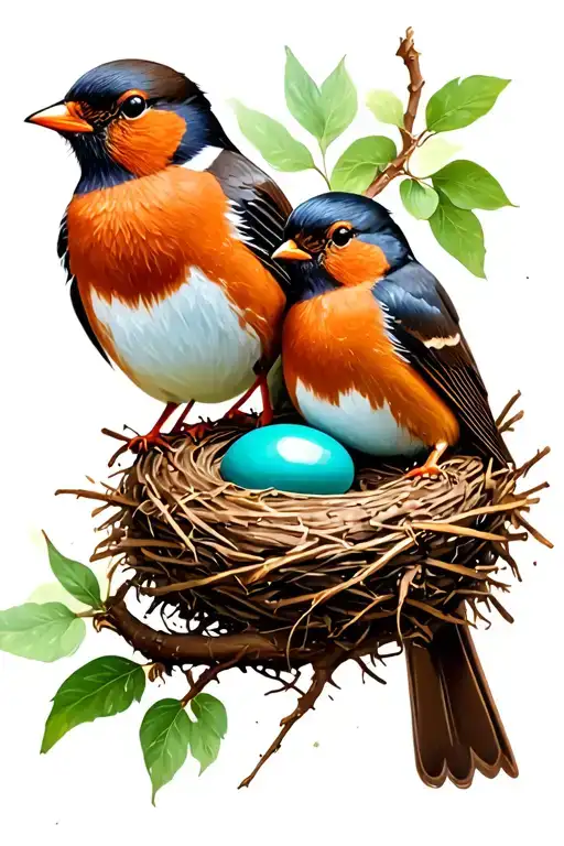Two Robins In Nest With Two Blue Eggs