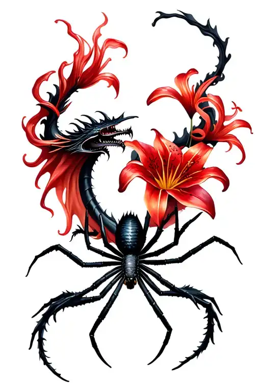 Black Smoke Dragon With Red Spider Lily