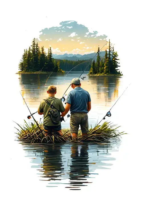 View From Behind Dad And Son Fishing Lake