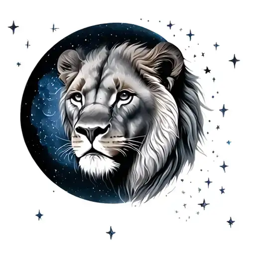 Lioness Face With Moon Surrounded By Stars
