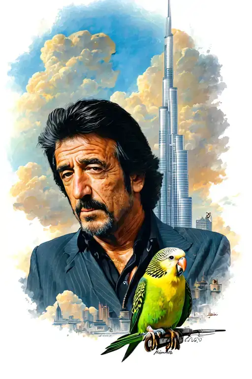 Burj Kalifa Scarface Al Pacino With Budgies And Clouds