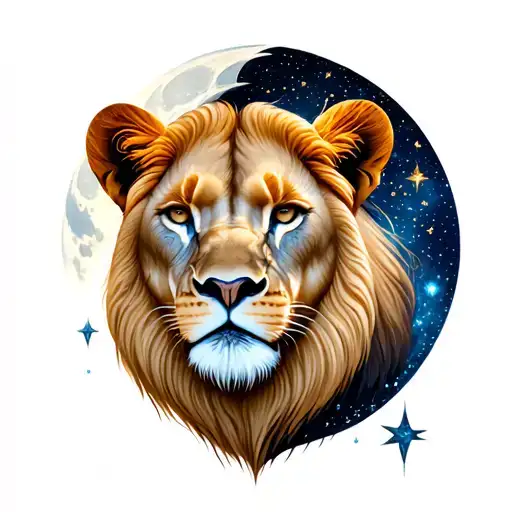 Lioness Face With Moon Surrounded By Stars And Cosmos
