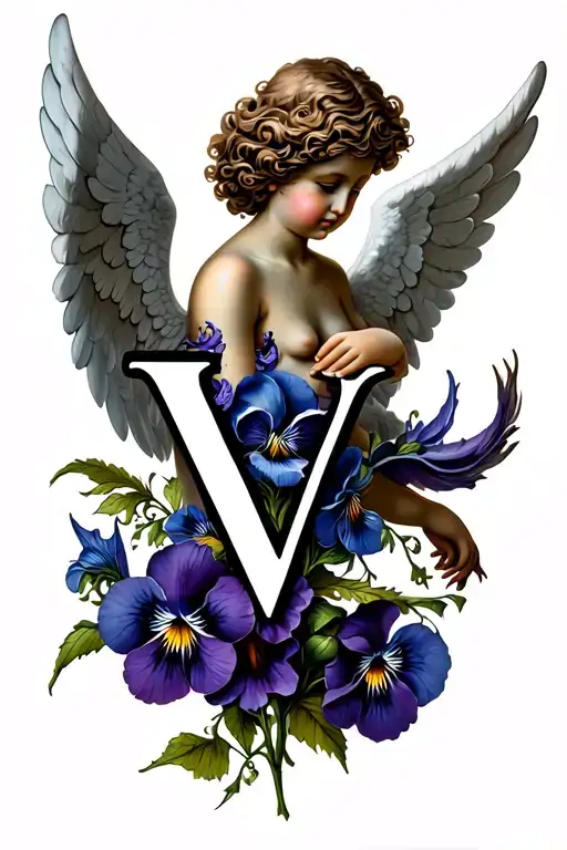 A Fallen Angel Holding The Letter V With Viola Flowers Surronding The Angel