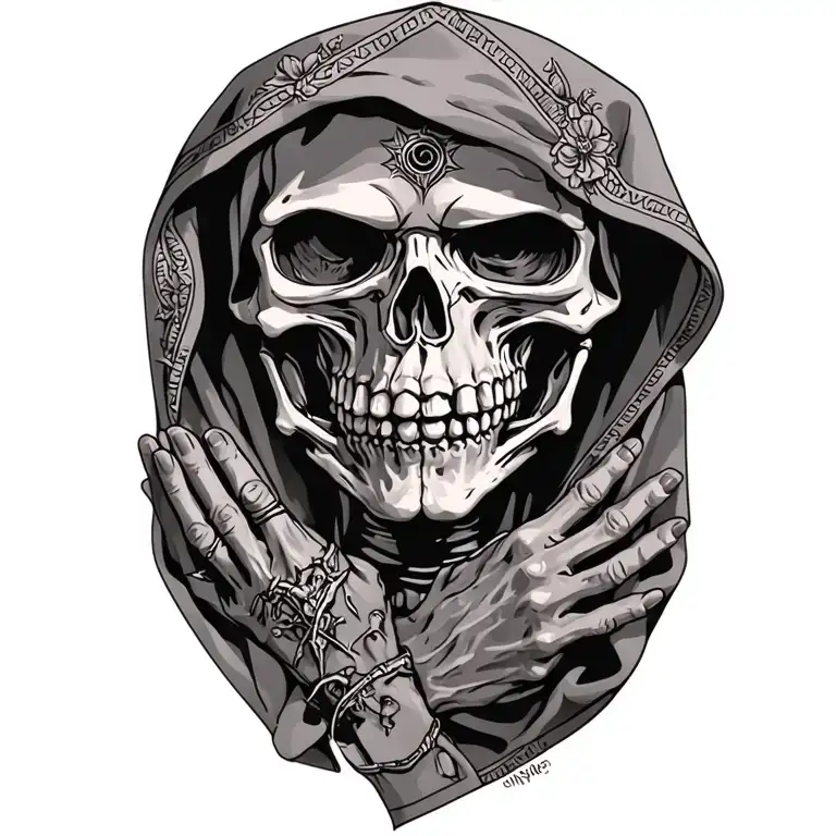 Hooded Reaper Mexi Cali Design Praying Skeleton Hands
