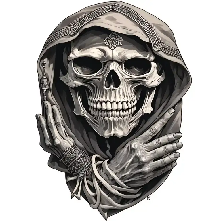 Hooded Reaper Mexi Cali Design Praying Skeleton Hand
