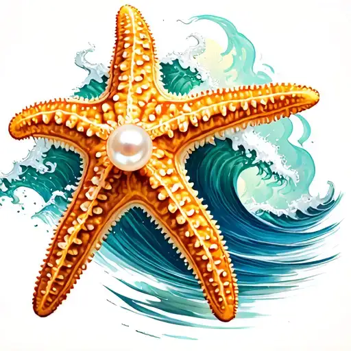 Starfish Holding A Pearl And Wave