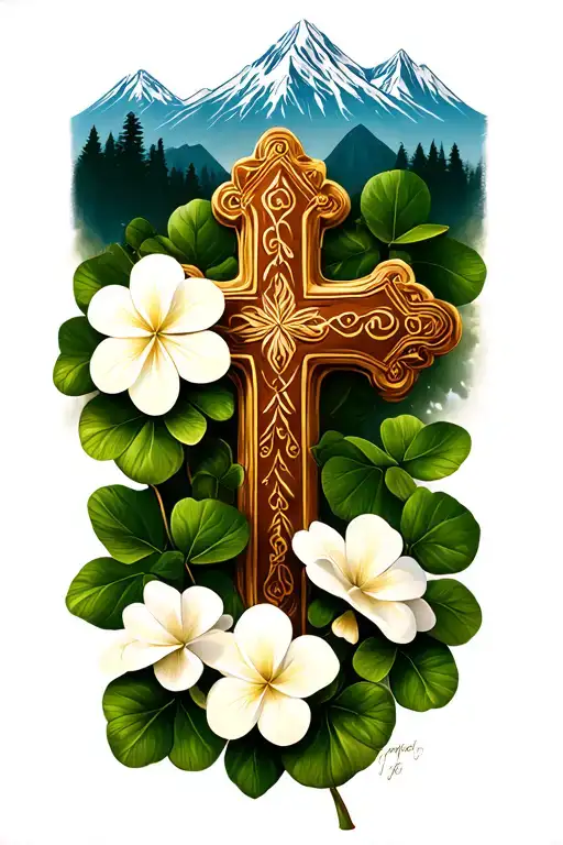 Cross With Clover And Gardenias With Background Of The Mountains