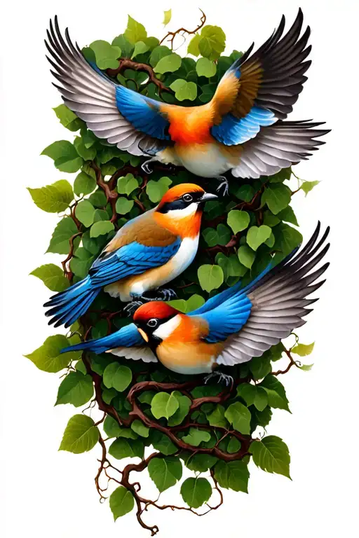 3 Realistic Vines Wrapped Around 3 Birds Trying To Fly Away