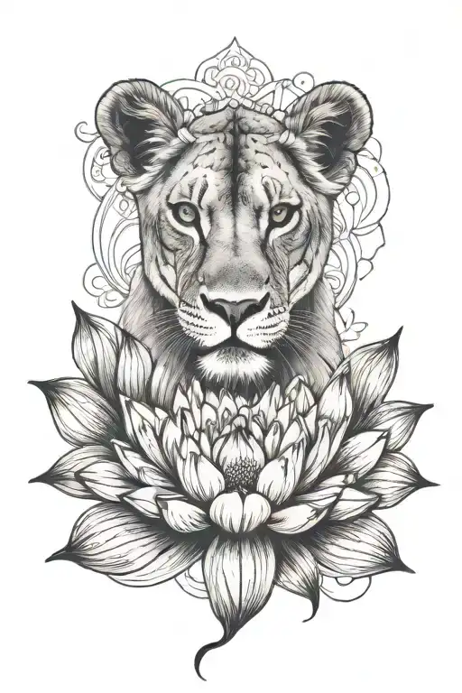 Lioness Head On Lotus Flower