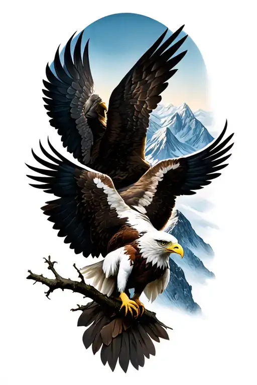 Eagle And Michael Archangel And A Pigeon From A Branch Against The Background Of The Mountains