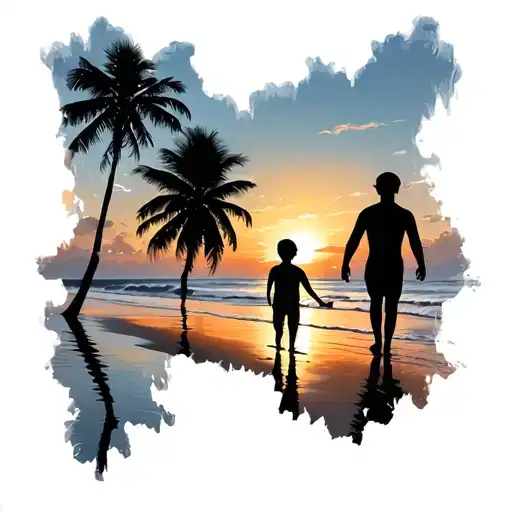 Silhouette Dad And Son On The Beach At Dawn