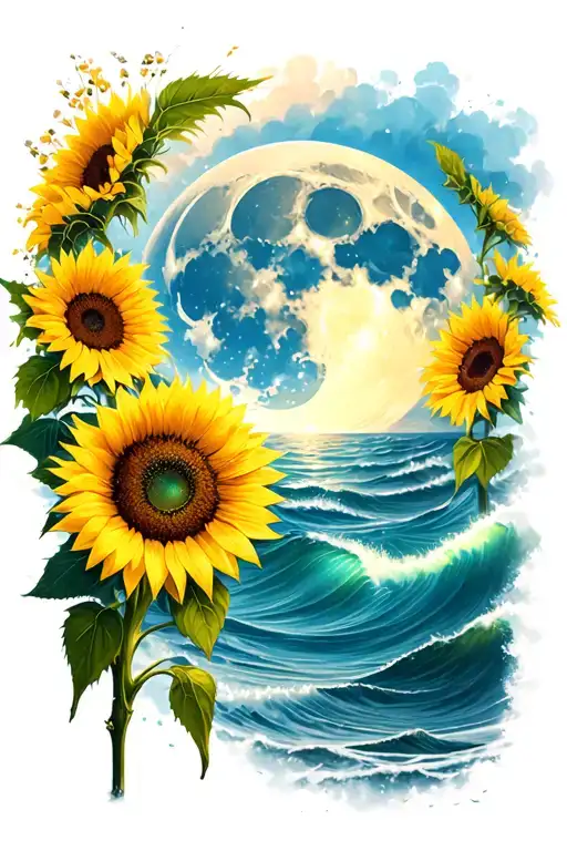 Sunflowers Moon Ocean Scene