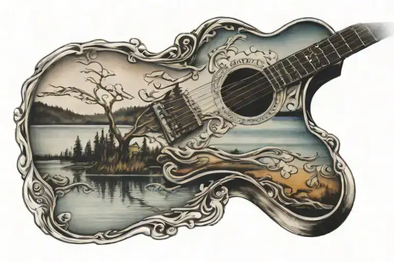 Music Guitar And Lake Reflecting