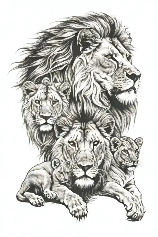 Male Lion With Female And Two Cubs Face Only