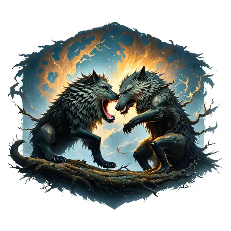 Fenrir And Jormungander Fighting In World Tree
